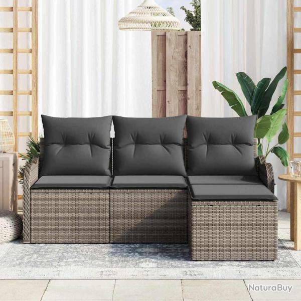 Ensemble de salon de jardin 4 pi�ces avec coussins en poly rotin gris