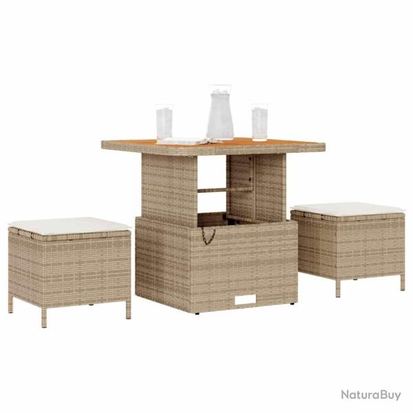 Ensemble de salle � manger de jardin 3 pi�ces avec coussins en beige en poly rotin et acacia