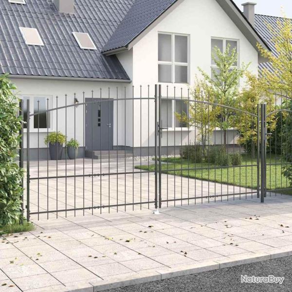 Portail de jardin avec sommet en fl�che, double battant, gris 175x400 cm, en acier.