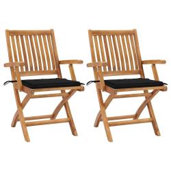 Chaises de jardin lot de 2 et coussins noir Bois de teck massif