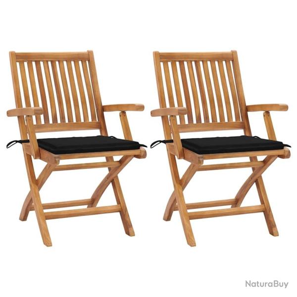 Chaises de jardin lot de 2 et coussins noir Bois de teck massif