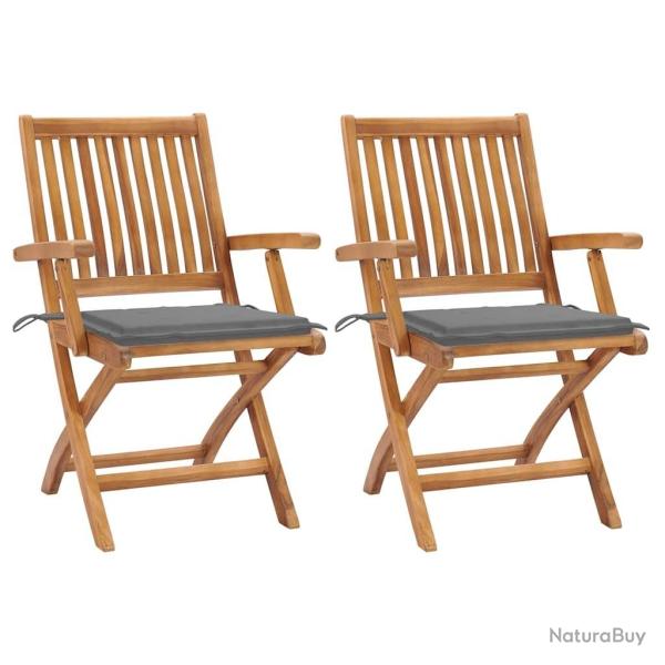 Chaises de jardin lot de 2 et coussins gris Bois de teck massif