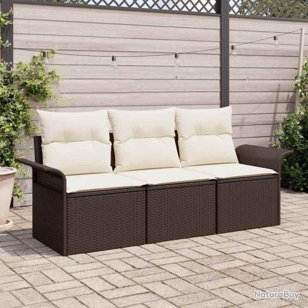 Ensemble de canap de jardin 3 pices avec coussins - Rattan Poly Marron