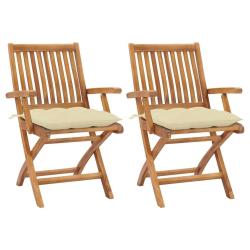 Chaises de jardin lot de 2 et coussins blanc cr&egrave;me Teck massif