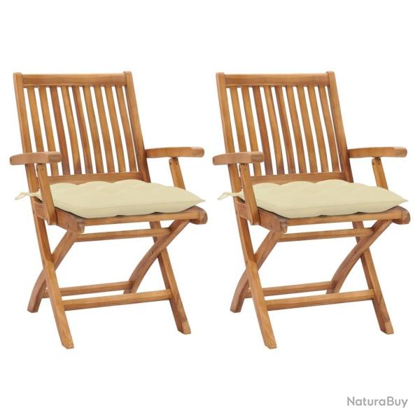 Chaises de jardin lot de 2 et coussins blanc crme Teck massif