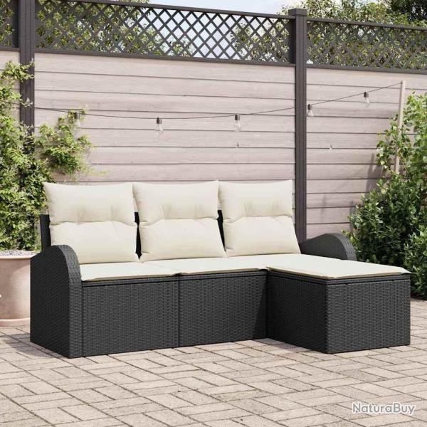 Ensemble de canap�s de jardin 4 pi�ces avec coussins en poly rotin noir