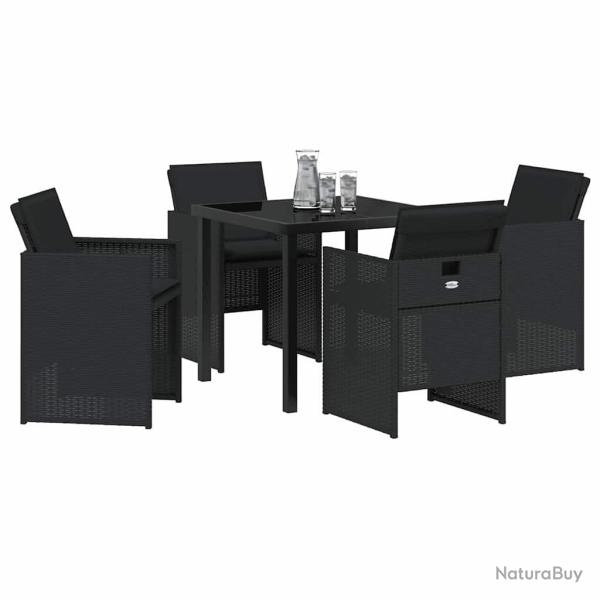 Set de salle � manger de jardin 5 pi�ces avec coussins en poly rotin noir
