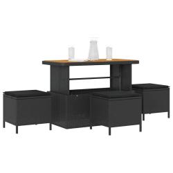 Ensemble de salle &agrave; manger de jardin 4 pi&egrave;ces avec coussins noirs en poly rotin et acacia