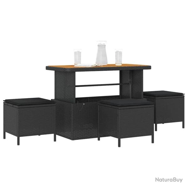 Ensemble de salle � manger de jardin 4 pi�ces avec coussins noirs en poly rotin et acacia