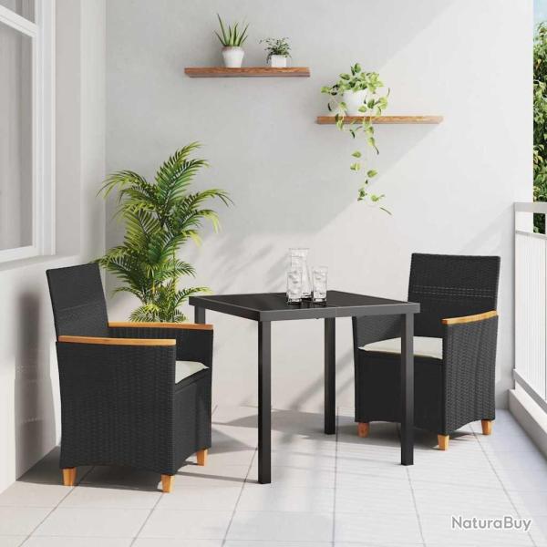 Ensemble de salle � manger de jardin 3 pi�ces avec coussins en poly rotin noir.