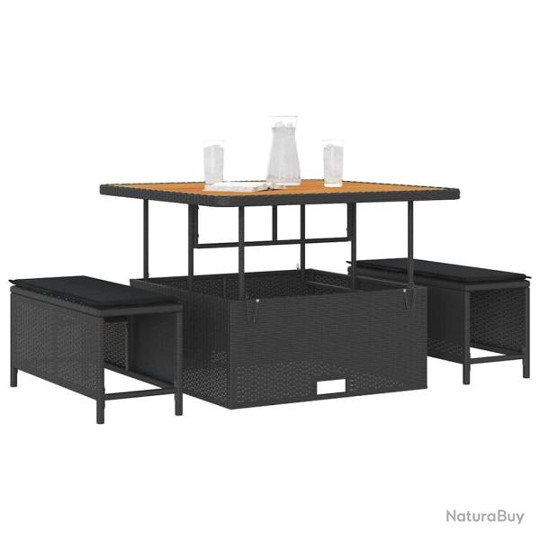 Ensemble de salle � manger jardin 3 pi�ces avec coussins noir poly rotin acacia