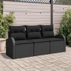 Ensemble de canap&eacute; de jardin avec coussin 3 pcs Noir Poly rotin