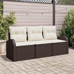Ensemble de canap&eacute;s de jardin 3 pi&egrave;ces avec coussins marron poly rotin