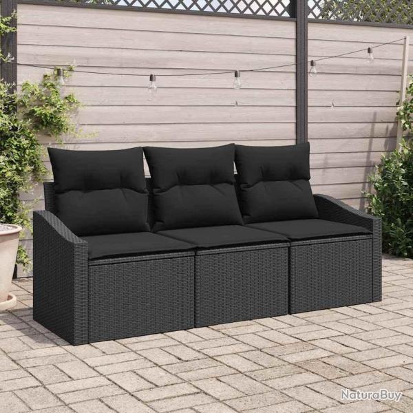 Ensemble de jardin 3 pices avec coussins en poly rotin noir.