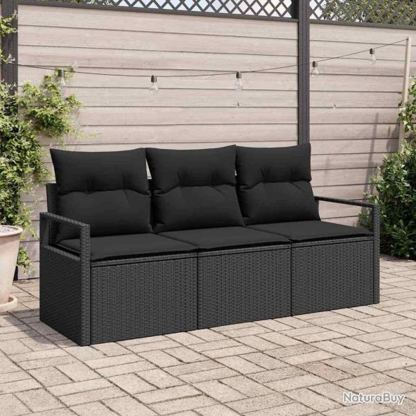 Set de canap� de jardin 3 pi�ces en poly rotin noir avec coussins