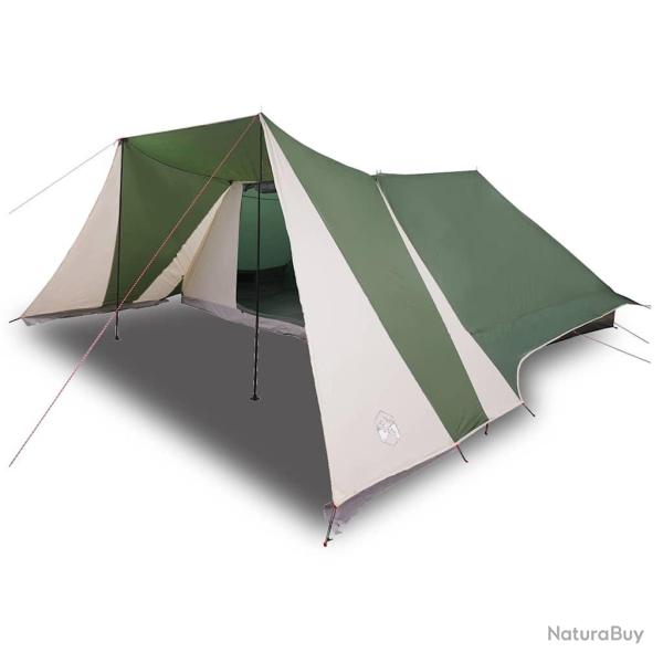 Tente familiale avec auvent tendu, verte et impermable pour 12 personnes.