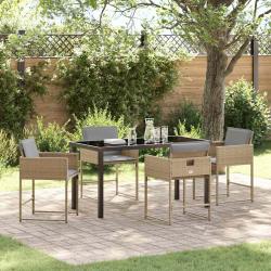 Set de jardin 5 pi&egrave;ces avec des coussins en poly rattan beige.