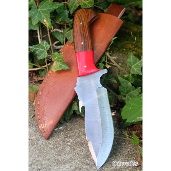 Couteau Tactical Survie Lame Damas Acier 256 Couches Manche Bois/R�sine Etui Cuir Fabric Artisanale