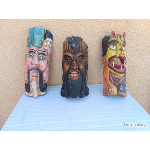 3 Masques Tribaux Etnique Bois 19 �me