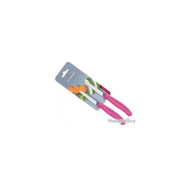 Carte de 2 couteaux office Victorinox lame 8 cm inox, pointe milieu, manche polypropylne rose