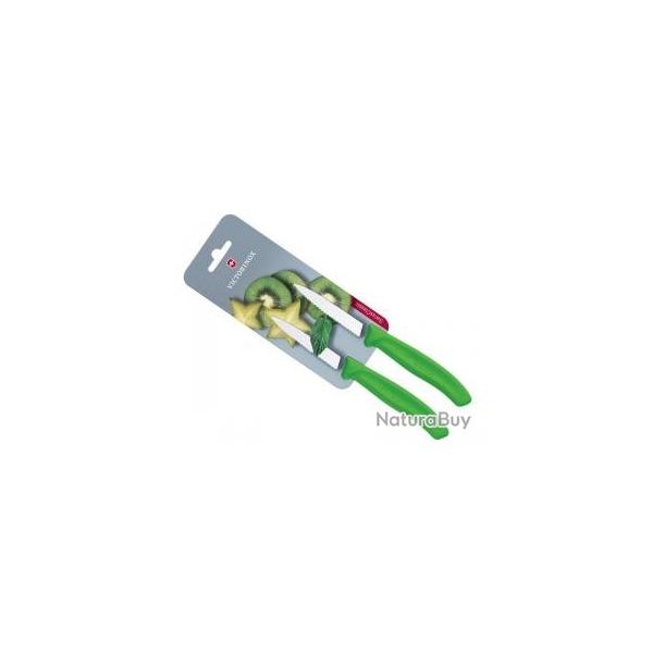 Carte 2 couteaux office Victorinox lame crante 8 cm inox pointe milieu manche polypropylne vert