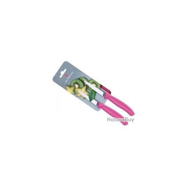 Carte 2 couteaux office Victorinox lame crante 8 cm inox pointe milieu manche polypropylne rose