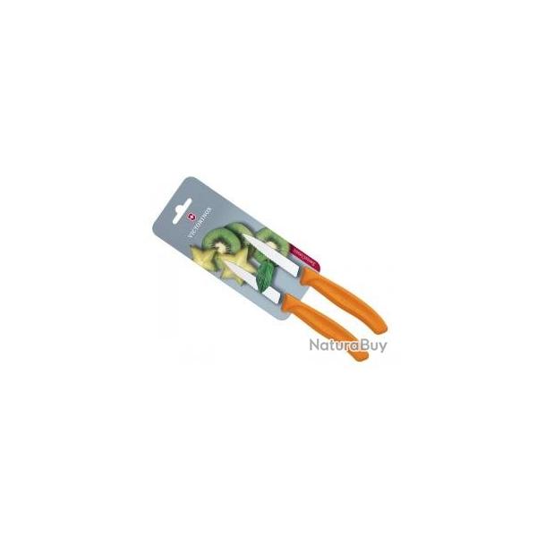 Carte 2 couteaux office Victorinox lame crante 8 cm inox pointe milieu manche polypropylne orange