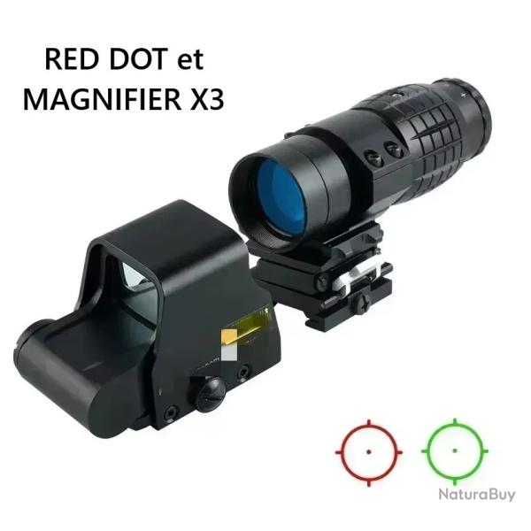 Pack Red Dot holographique et magnifier zoom X3 pour rail picatinny