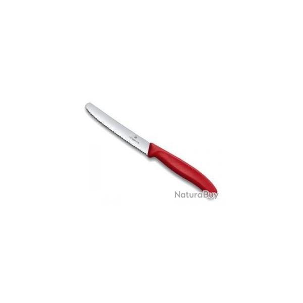 Couteau de table/tomates Victorinox lame crante 11 cm inox, bout rond, manche polypropylne rouge