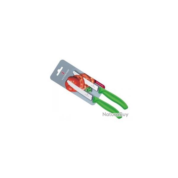 Carte de 2 couteaux de table/tomates Victorinox lame crante 11 cm inox, bout rond, manche vert