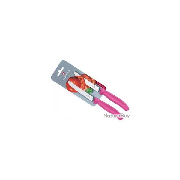Carte de 2 couteaux de table/tomates Victorinox lame crante 11 cm inox, bout rond, manche rose
