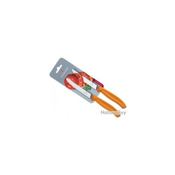 Carte de 2 couteaux de table/tomates Victorinox lame crante 11 cm inox, bout rond, manche orange