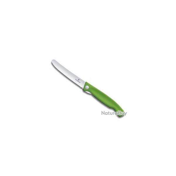 Couteau office pliant Victorinox lame crante inox, bout rond,  cran intrieur, manche 13 cm vert