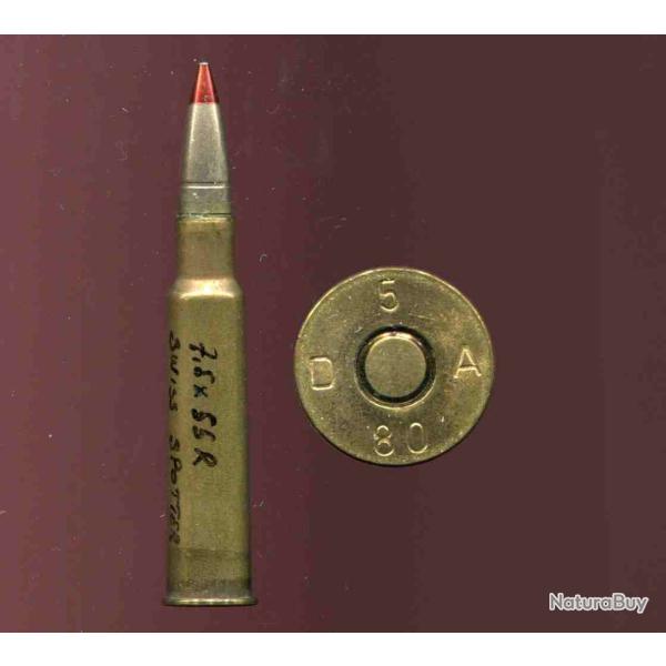 7.5 x 55 R Suisse Spotter - RARE - balle traceuse pointe rouge -  marquage : D 5 A 80
