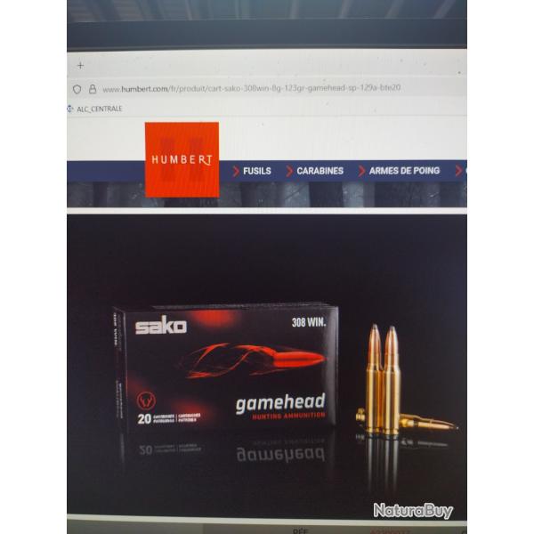 Lot de deux botes de balles sako 308 win 8g 123gr gamehead SP 129a bte20 soit 40 munitions