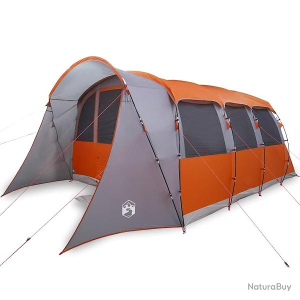 Tente de famille avec des fen�tres et un tunnel gris et orange, pour 8 personnes, imperm�able.
