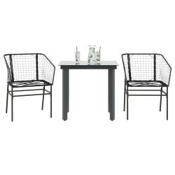 Ensemble &agrave; manger de jardin 3 pcs noir r&eacute;sine tress&eacute;e verre