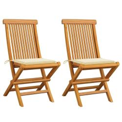 Chaises de jardin et coussins cr&egrave;me lot de 2 Bois teck massif