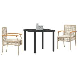 Ensemble de salle &agrave; manger jardin 3 pi&egrave;ces avec coussins en poly rattan beige