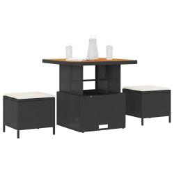 Ensemble de salle &agrave; manger de jardin 3 pi&egrave;ces avec coussins en poly rotin noir et acacia