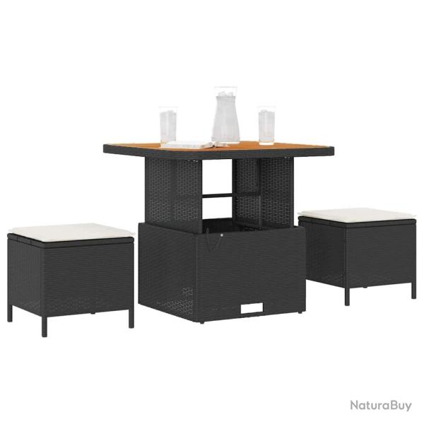 Ensemble de salle  manger de jardin 3 pices avec coussins en poly rotin noir et acacia