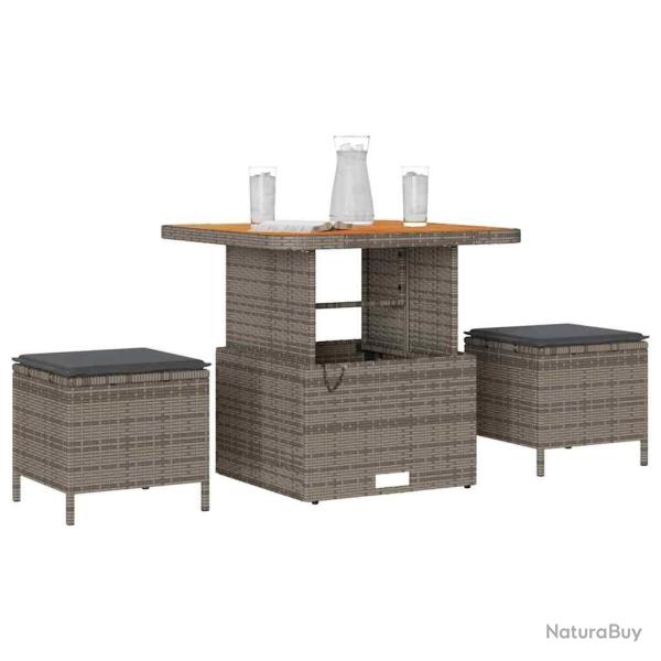 Ensemble de salle  manger de jardin 3 pices avec coussins gris en poly rotin et acacia