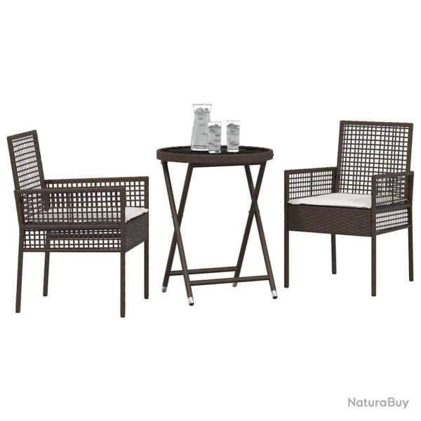 Ensemble de bistro de jardin 3 pices avec coussins en poly rotin marron