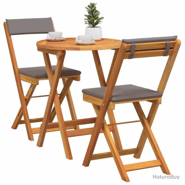 Ensemble Bistro Pliable 3 Pices avec Coussins en Bois Massif Acacia