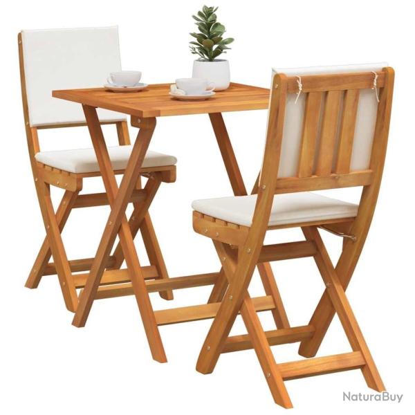 Ensemble Bistro Pliable de 3 Pices avec Coussins en Bois Massif d'Acacia