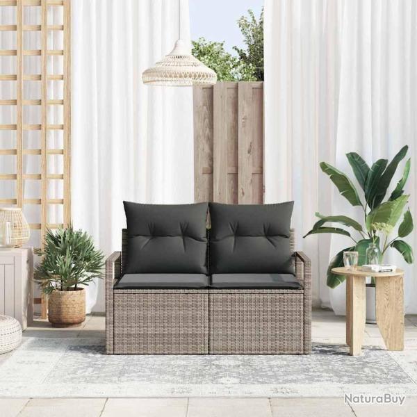Sofa de jardin 2 places avec coussins gris en poly rotin