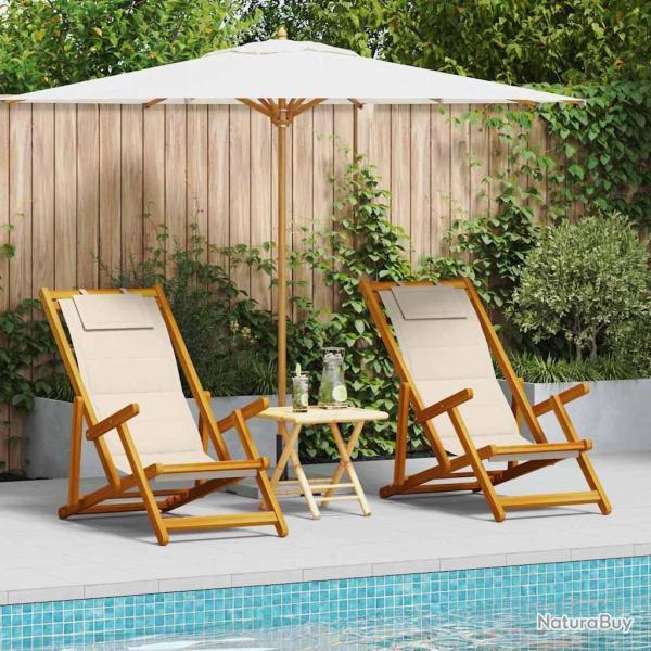 Chaises de plage pliantes 2 pcs Cr�me en bois d'acacia massif et Textil�ne