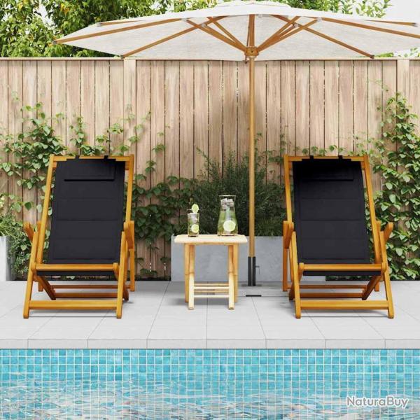 Chaises de plage pliantes 2 pcs Black Bois d'acacia massif & Textil�ne
