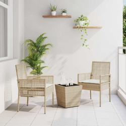 Ensemble Bistro de Jardin 3 Pi&egrave;ces avec Coussins Beige en Poly Rattan