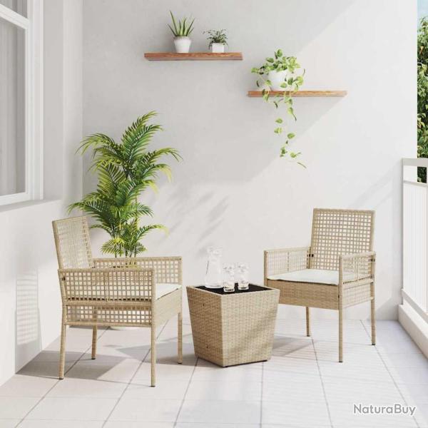 Ensemble Bistro de Jardin 3 Pices avec Coussins Beige en Poly Rattan
